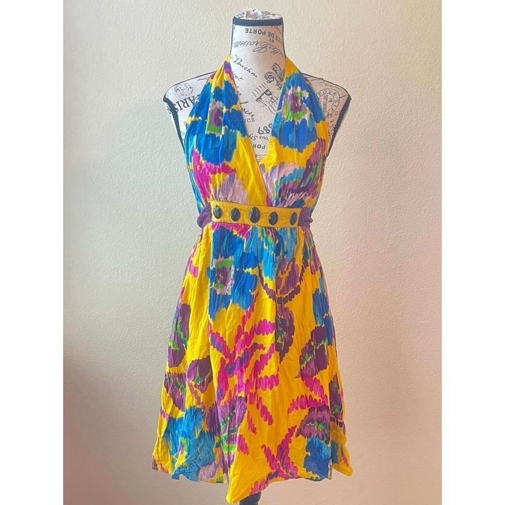 De.Coded Womens Small‎ Yellow Purple Abstract Floral Cotton Halter Mini Dress